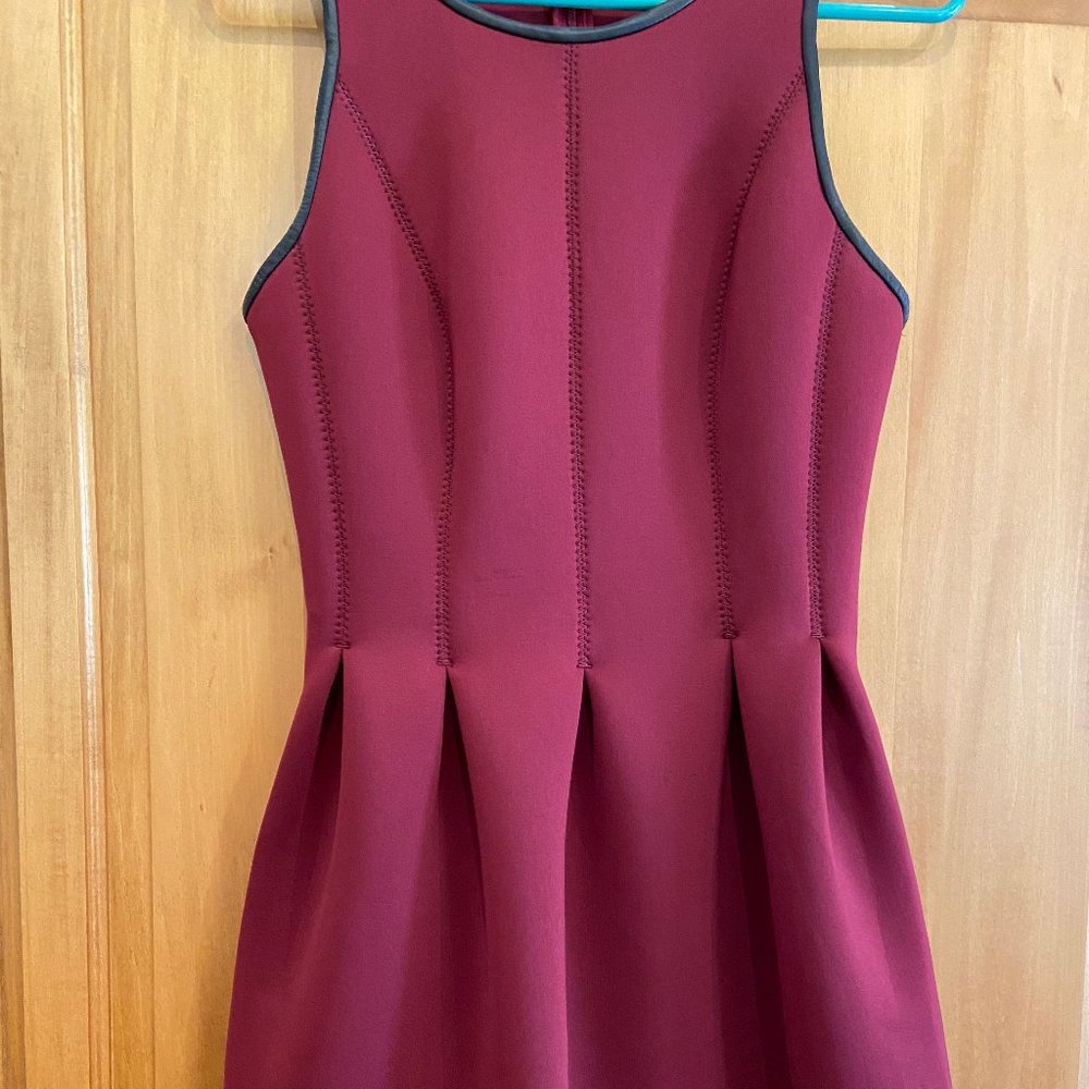 Club Monaco Maroon Scuba Dress With Pockets and Leather Trim